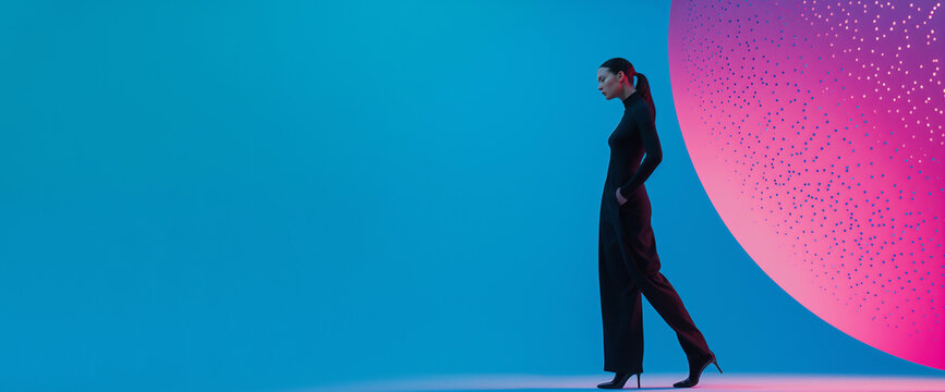 Stylish woman standing against vibrant futuristic design background