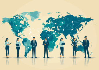 Global Business Network Team Illustration on World Map Background - Minimalistic Business Vector Art Depicting Diverse Professionals and Global Connectivity Concepts