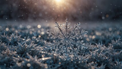 Detailed frosted snowflake on ice with sunlight in a wintry scene