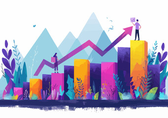 Obraz premium Team Leader Explains Business Goals with Rising Arrow Chart, Business Growth Concept, Minimalist Vector Illustration, Motivational and Inspirational Theme, Business Planning and Strategy