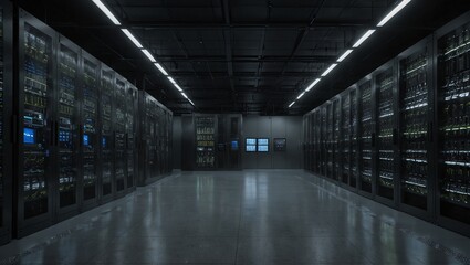 Modern data center with server racks and computer screens, low-light