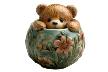 a teddy bear in a pot.