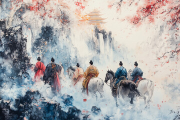An enchanting journey through misty mountains by horse, showcasing traditional attire and serene nature amidst flowing waterfalls