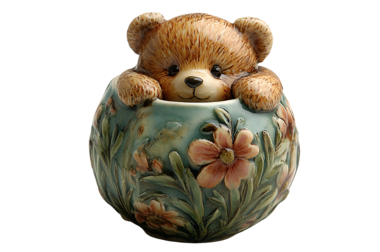a teddy bear in a pot.
