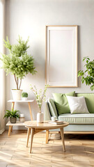 Frame mockup in fresh spring living room interior background, 3d render, white Mock up frame