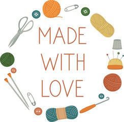 Colorful frame of knitting tools, buttons and yarn. Cute hand drawn round wreath made of wool, hook, scissors, needle