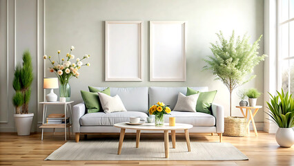 Frame mockup in fresh spring living room interior background, 3d render, white Mock up frame