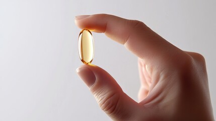 Close-Up of Hand Holding a Single Softgel Capsule, Omega-3 Supplement, Health and Wellness, Vitamin D, Nutritional Supplement, Generated AI