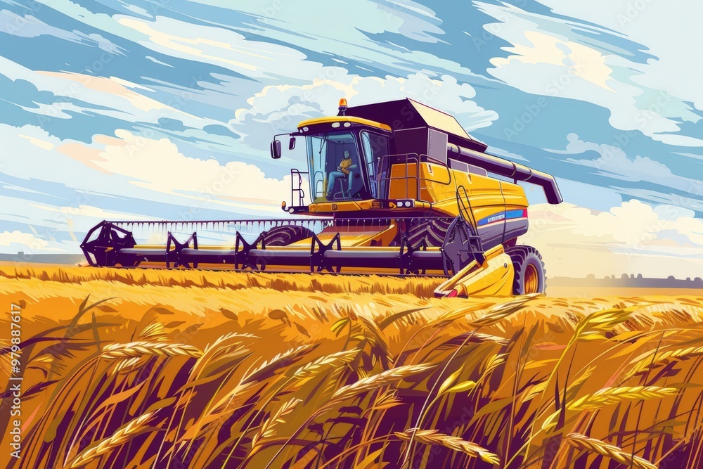 Aufkleber efficient combine harvester operating in a large wheat field under a clear sky - agricultural techno