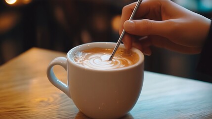 Warm Autumn Coffee Moment, Hand Stirring Hot Beverage in Cafe, Cozy Cafe Vibes, Generated AI