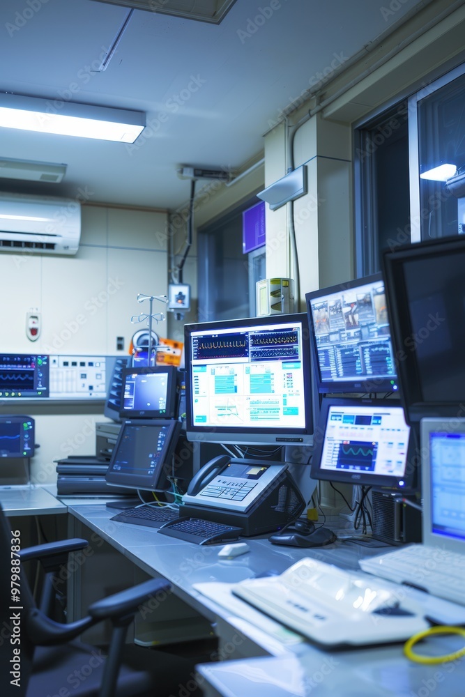 Poster high-tech digital control room in hospital for real-time energy use and efficiency monitoring