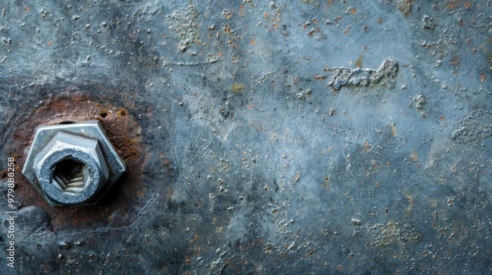 Poster hardware for joining threaded links with round headed bolts on metal surface with space for text