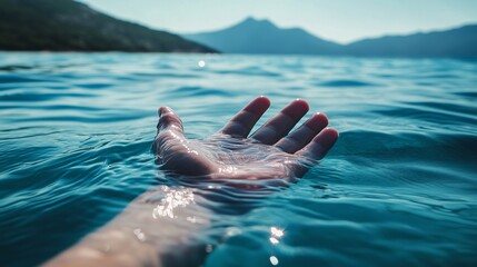 Fototapeta premium Hand Reaching Out of Water in Tranquil Lake with Mountain Landscape, Adventure and Nature Scene, Generated AI