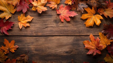 Obraz premium Autumn Leaves on Rustic Wooden Background with Space for Text, Fall Season, Foliage, Nature-Themed Backdrop for Seasonal Designs, Generated AI