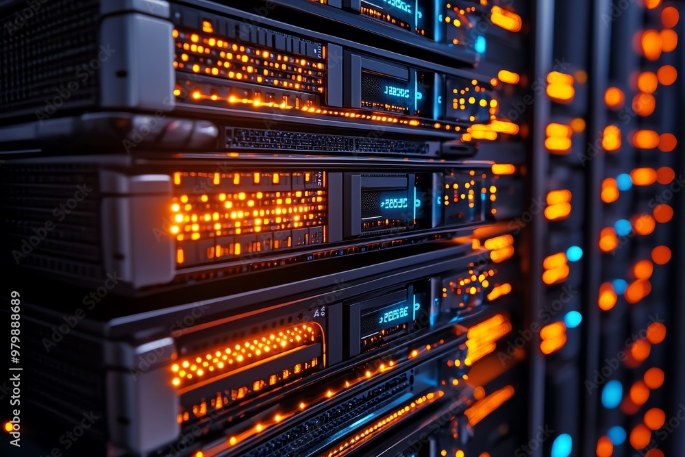 Poster A set of stacked server racks, glowing with activity lights, symbolizing a data center filled with databases