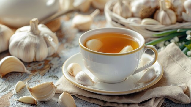 Healthy garlic tea in a cup on the table