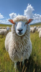 Fototapeta premium Fluffy Sheep Grazing in Picturesque New Zealand Grassland Landscape with Blue Sky and Clouds