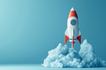 A vibrant rocket monument ascends amidst swirling clouds, symbolizing ambition and innovation in a dynamic sky atmosphere