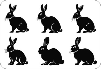 Black side silhouette of a rabbit isolated on white background. Vector illustration, big collection of rabbit silhouettes