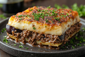 Indulge in a hearty traditional Greek moussaka layered with flavorful beef mince and creamy bechamel sauce, perfect for a comforting meal