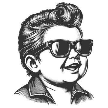 recommend clip art: baby in sunglasses and pompadour hairstyle, playful and retro cool vibe with a rockabilly style sketch engraving generative ai vector illustration. Scratch board imitation. Black and white image.