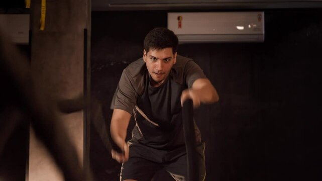 Man Performing Battle Rope Exercise in the Gym. Focused man doing a battle rope workout, ideal for fitness, strength training, and CrossFit-related content.
