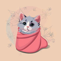 this vector illustration features a cute ash-gray kitten cozily wrapped in a soft pink blanket.The background is adorned with falling transparent leaves,creating an atmosphere of lightness and magic