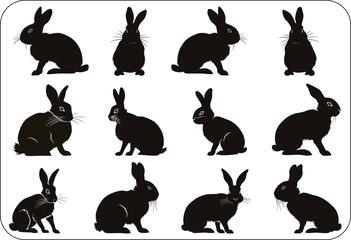 Black side silhouette of a rabbit isolated on white background. Vector illustration, big collection of rabbit silhouettes