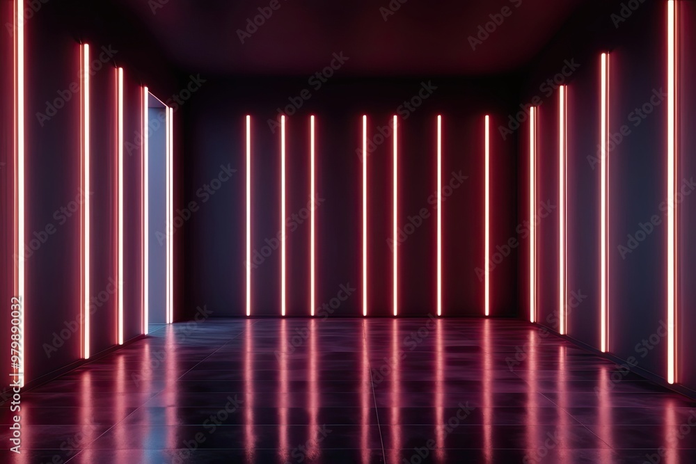 Aufkleber 3d rendering of glowing abstract neon lines in dark room with reflective floor