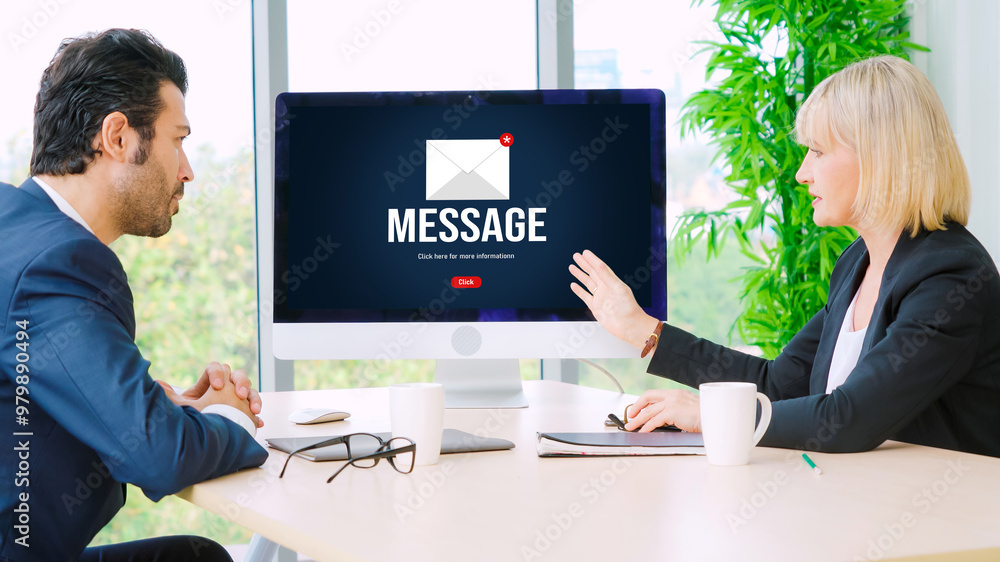 Poster email notification message showing on computer screen snugly. digital marketing message information 