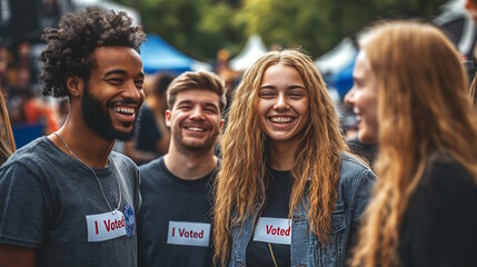 Group of diverse young adults wearing "I Voted" stickers, laughing outdoors, representing civic engagement and voting participation. Concept of spirit of Election Day