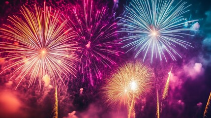 Fototapeta premium Brilliant fireworks illuminate the dark sky in a kaleidoscope of colors, creating a mesmerizing backdrop for the night. The vibrant display, captured in Quebec City, offers ample space for text