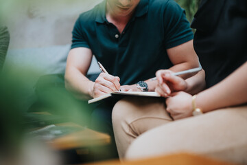 Young business entrepreneurs collaborating in an outdoor meeting, taking notes and discussing ideas in a natural setting.