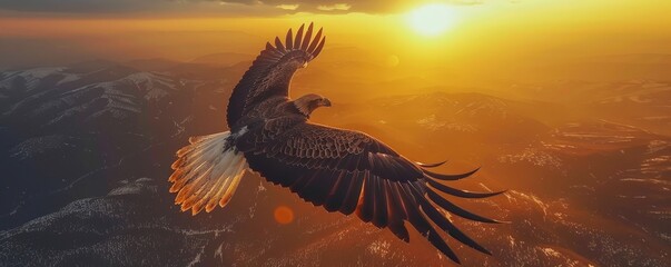 Obraz premium Majestic eagle soaring through a vibrant sunset sky above mountainous terrain, capturing the essence of freedom and natural beauty.
