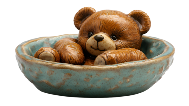a toy bear in a bowl.
