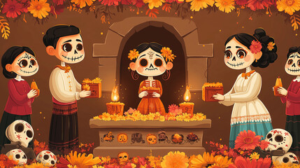 Family Gathering at Altar, a warm illustration of family members placing offerings on an altar, with copy space, Day of the Dead