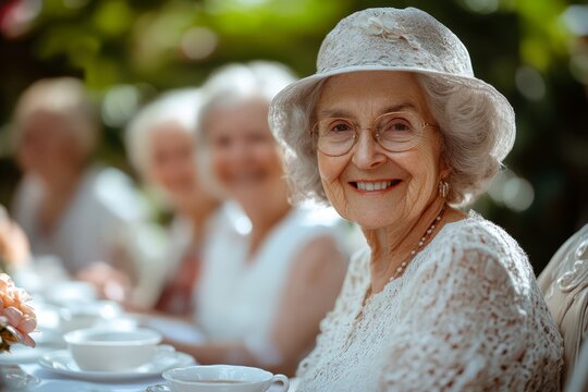 A joyful gathering of seniors enjoying a tea party in an elegant garden setting with cheerful conversations and simple attire