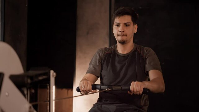Man Using Rowing Machine for Full-Body Fitness and Health. Man focused on a rowing machine workout, ideal for fitness and healthy lifestyle content.