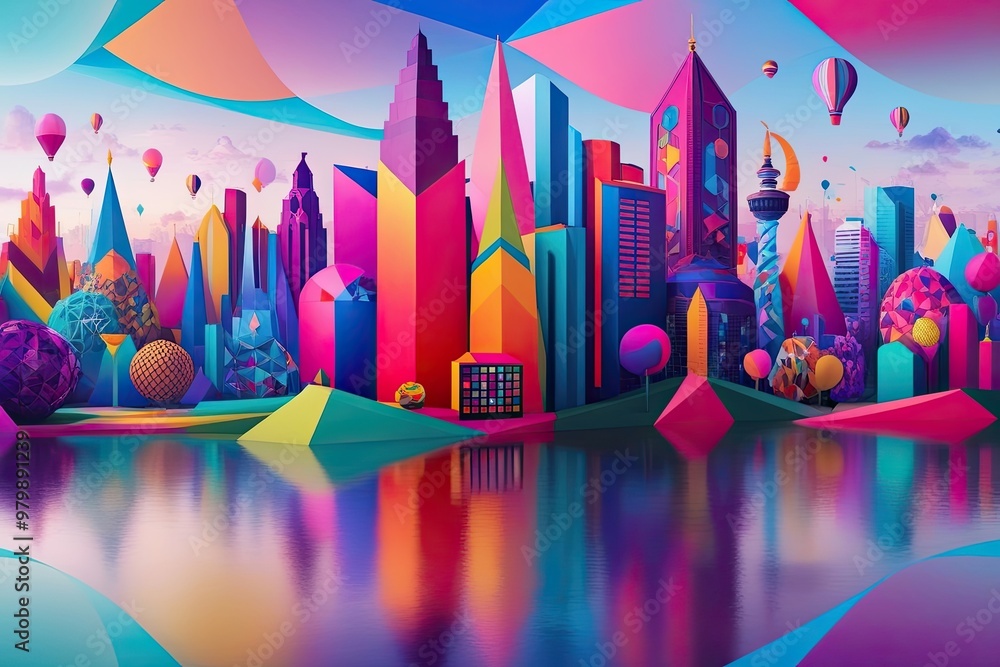 Wall mural Vibrant Abstract Cityscape with Innovative Geometry and Creative Icons