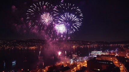 Fototapeta premium Brilliant fireworks illuminate the dark sky in a kaleidoscope of colors, creating a mesmerizing backdrop for the night. The vibrant display, captured in Quebec City, offers ample space for text