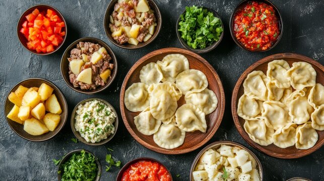 Celebrate National Pierogi Day with delicious pierogi and diverse fillings in assorted bowls, top view