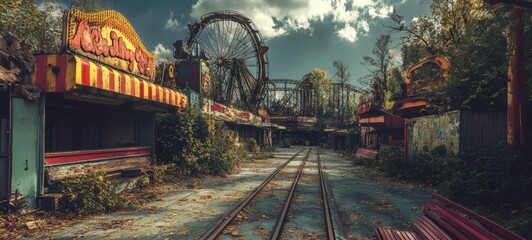 Fototapeta premium A deserted amusement park, with empty rides, closed concession stands, and overgrown pathways