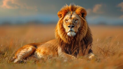 Obraz premium Majestic lion resting on the savannah, showcasing its golden mane and powerful presence under twilight skies.