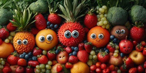 Discover a whimsical urban landscape where fresh produce is alive with charming traits