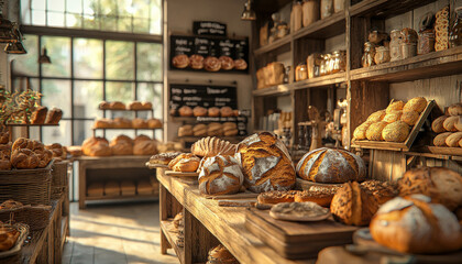 A cozy bakery filled with various types of bread and pastries, showcasing warm atmosphere