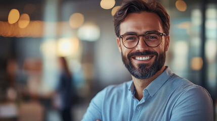 Obraz premium A smiling man with glasses exudes confidence in blurred office setting