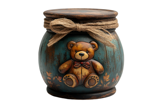 a jar with a teddy bear on it. 