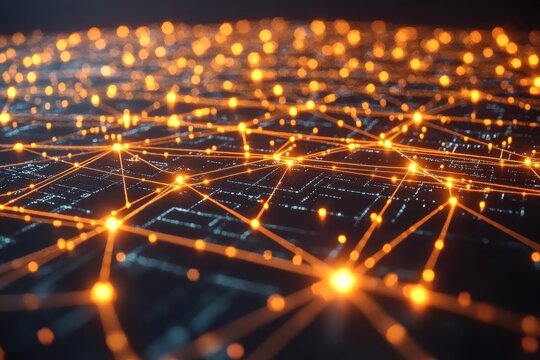 Glowing neural network of connected orange nodes spread across a dark grid symbolizing data flow artificial intelligence and advanced computational systems