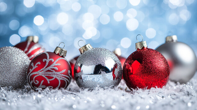 Shimmering Silver and Red Christmas Ornaments on a Frosty Blue Background