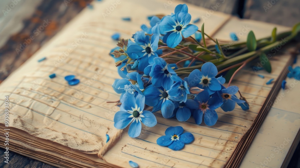 Poster forget me not bouquet on old notebook page with top down close up view